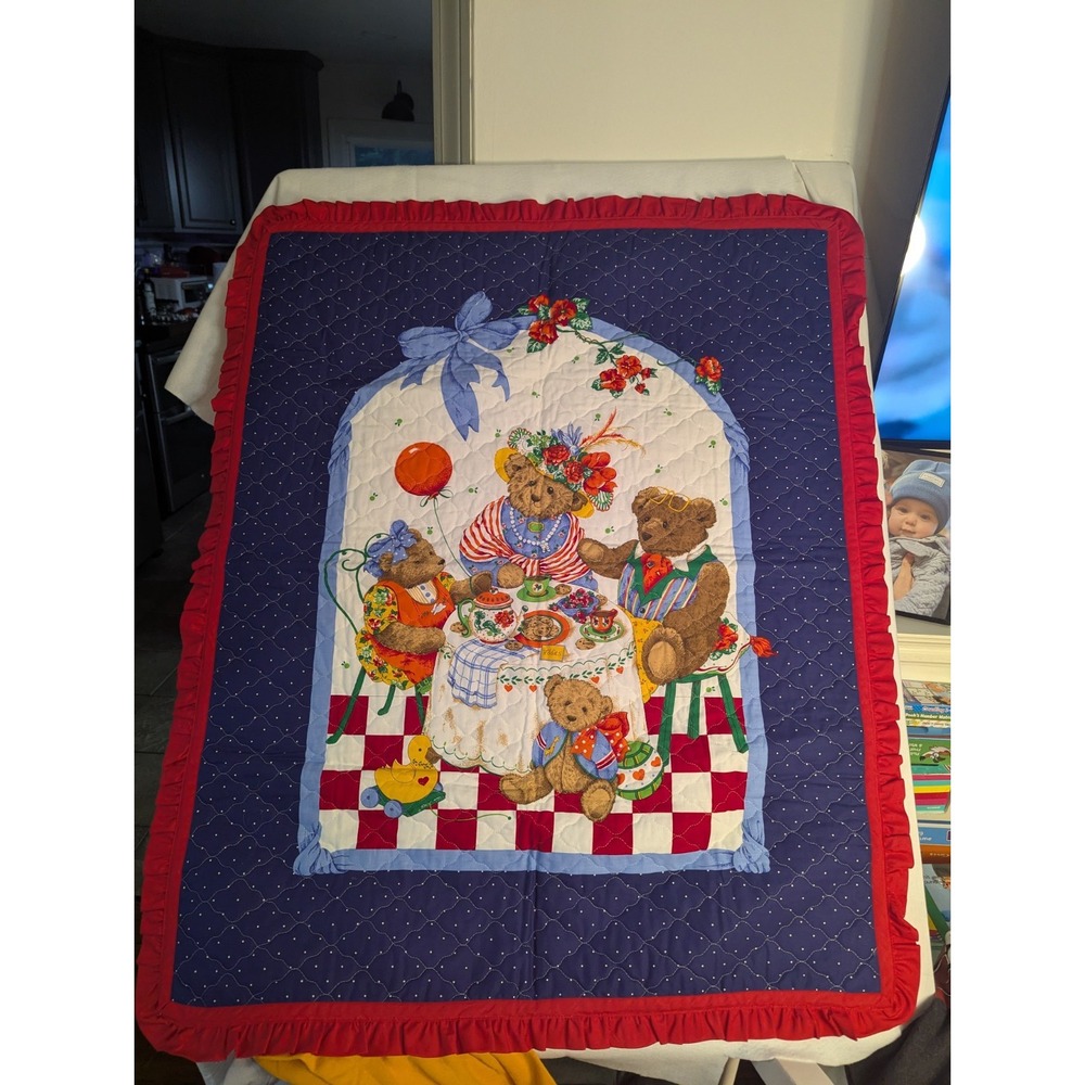 Vintage Teddy Bear Tea Party Baby Quilt Crib Blanket Nursery Cottagecore